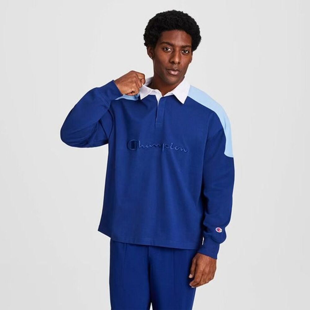 Champion Men's Classic Long Sleeve Rugby Shirt - Blue Depths - Large - NEW